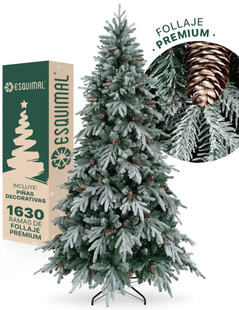 ÁRBOL DE NAVIDAD VERDE NEVADO CON PIÑAS FORMA CÓNICA CON PUNTAS CURVAS CEDRO DEL HIMALAYA 
