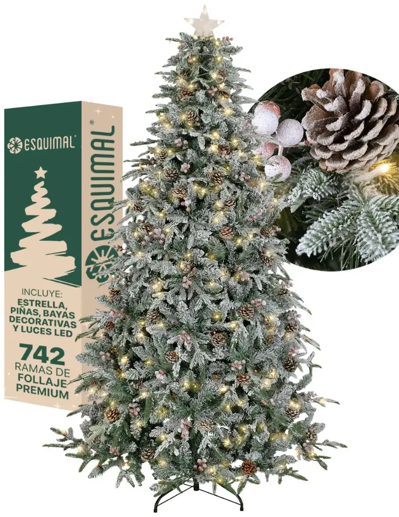 ÁRBOL DE NAVIDAD VERDE OLIVO NEVADO CLÁSICO CON BAYAS, PIÑAS Y ESTRELLA CON LUCES LED CEDRO DEL HIMALAYA