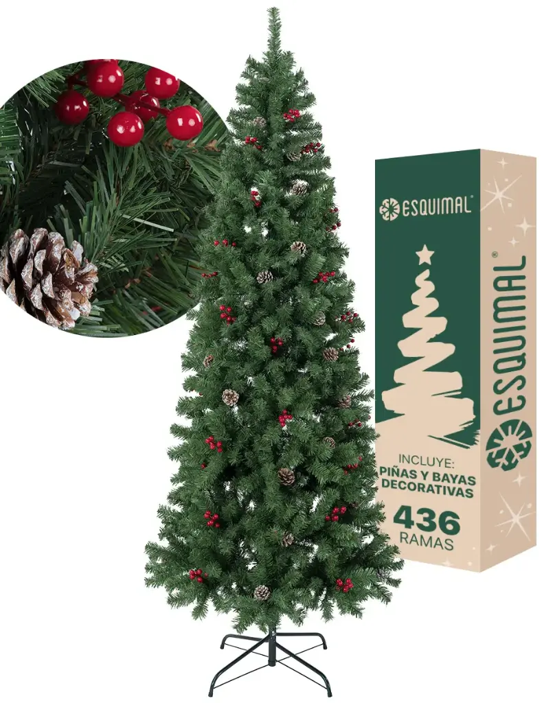 ÁRBOL DE NAVIDAD VERDE DELGADO CON PIÑAS Y BAYAS ROJAS PINO CANADIENSE