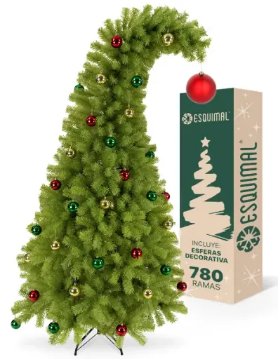 [ARBEQ00000097] ÁRBOL DE NAVIDAD GORRO DE SANTA CON ESFERA ROJA EN PUNTA + SET ESFERAS CROMADAS CEDRO DEL HIMALAYA 